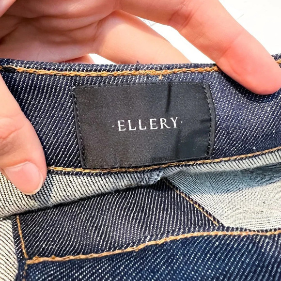 Ellery Dark Wash Denim Contrast Stitch High Waist Boho Designer Flare Jeans 27 - Picture 7 of 12
